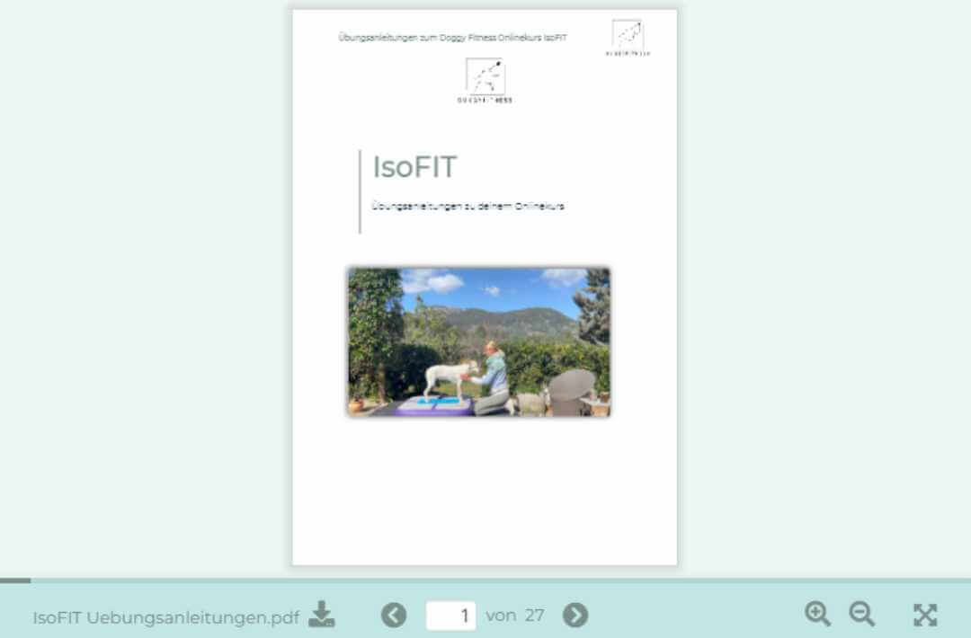 martina flocken - doggy fitness - hundephysio - hundefitness - isofit onlinekurs übungsanleitungen pdf cover mit hund beim isometrischen training auf airtrack matte im garten