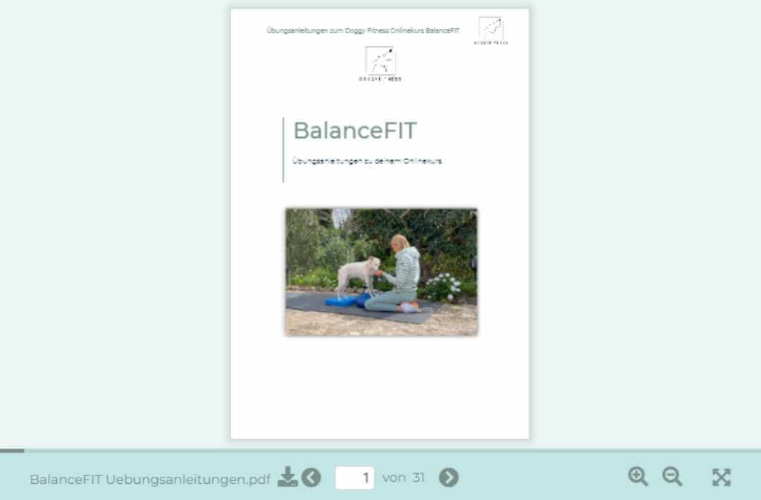 martina flocken - doggy fitness - hundephysio - hundefitness - balancefit onlinekurs übungsanleitungen pdf cover mit hund beim balancetraining auf balancekissen im garten zur stärkung von balance, muskulatur und koordination