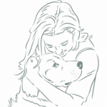 martina flocken - hundefitness - hundephysio - frau umarmt hund zeichnung