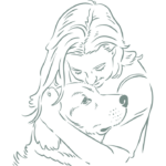 martina flocken - hundefitness - hundephysio - frau umarmt hund zeichnung klein