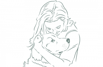 martina flocken - hundefitness - hundephysio - frau umarmt hund zeichnung